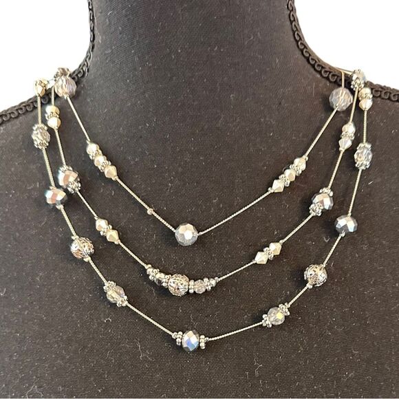 Triple Strand Silver Tone Layered Beaded Necklace - NWT - Picture 2 of 5